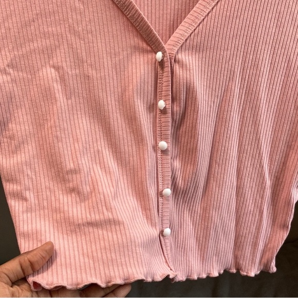 Pink Ribbed Button down Crop Top - Picture 3 of 9